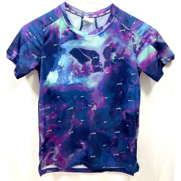 NIKE DRI-FIT Boys Blue Purple Green Logo Swoosh Short Sleeve T-Shirt Size M - Picture 1 of 6